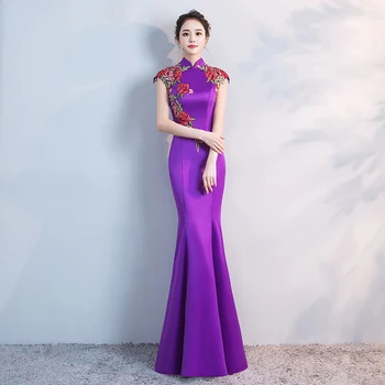 סיני חתונה בסגנון זמן Cheongsam רטרו סקסי, רזה המפלגה שמלת ערב הנישואין שמלת צ ' יפאו האופנה ליידי בגדים Vestido סגול