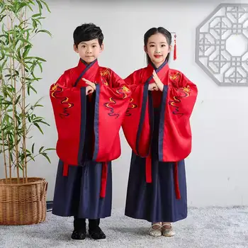 סינית עתיקה מסורתית סט חדש של בגדים עבור הילד ילד ילדה שרוול ארוך עממי ריקוד Hanfu דיו ציור ביצועי הדפסה השמלה