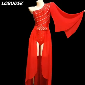 סקסי אדום גבישים בגד גוף ארוך הגלימה סט תלבושות נשים המודלים מראים הבמה ללבוש מועדון לילה זמרת רקדנית ביצועים בגדים