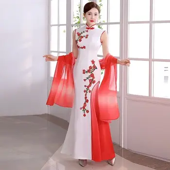 סקסי סאטן הסינית שמלות שמלת נשים לבן גודל גדול סלים צ ' יפאו זמן פאייטים ערב מסיבת Cheongsam בתולת ים אלגנטי Vestidos