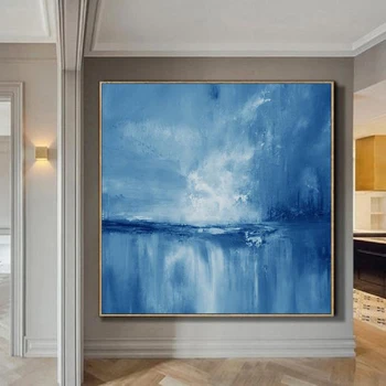 עבודת יד מופשט כחול ציור שמן על בד צבוע ביד נוף שמן ציור קיר בעיצוב הסלון קישוט ממוסגרים