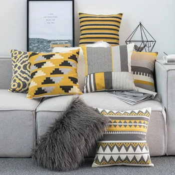 עיצוב הבית כרית כיסוי צהוב אפור/לבן גיאומטרי בד כותנה כיכר רקמה כרית כיסוי 45x45cm הסלון