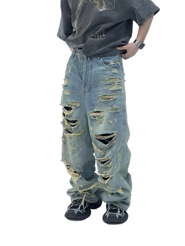 עיצוב שטף מופרדים שכבה כפולה גדול קרע ציצית יד בלוי חופשי ג 'ינס של גברים רחב הרגל מגב מכנסי ג' ינס קרועים מגמה