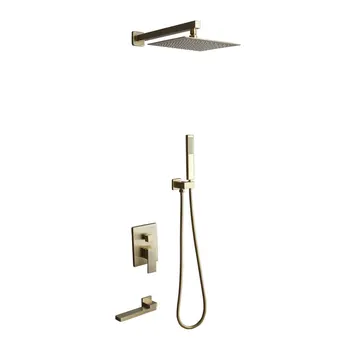 עליון 1 יוקרה זהב מוברש חדר מקלחת להגדיר מוסתר מקלחת מערכת 12inch גשם ראש מקלחת חמה וקרה מיקסר הקש על האמבטיה