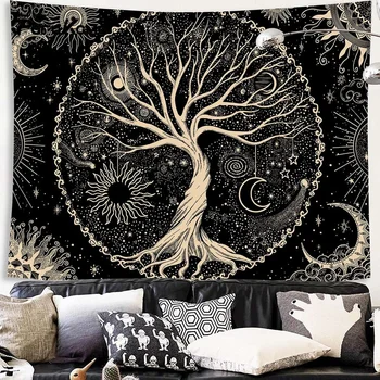 עץ החיים של השמש, הירח שטיח אסתטי פסיכדלי השמש והירח שחור שטיח עיצוב פנים תלייה על קיר עיצוב חדר השינה