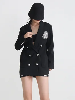 פלאש יהלום החזה עיצוב שחור לבן בלייזר אופנה משרד גבירותיי V-צוואר כפול עם חזה צללית החליפה רזה מעיל גאות 2023