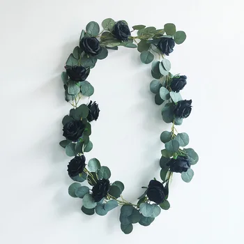 פרחים מלאכותיים ורדים שחורים ירוק עלי אקליפטוס גרלנד לקישוט הבית אביזרי תלייה על קיר