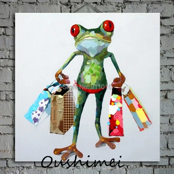צבוע ביד מופשט חיה ציורים עבור עיצוב חדר מצחיק צפרדע קניות ציור שמן על בד לתלות תמונות על הקיר בעיצוב