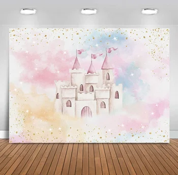 צבעוני פסטל קשת הטירה רקע בנות נסיכה בצבעי מים בענן מהאגדות יום הולדת קישוטים למסיבה