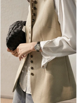 קוריאני אופנה רטרו Slim Fit נשים אפוד בתוספת גודל איכות גבוהה משרד רטרו בודד עם חזה קרדיגן ז ' קט גרייס צרפתית