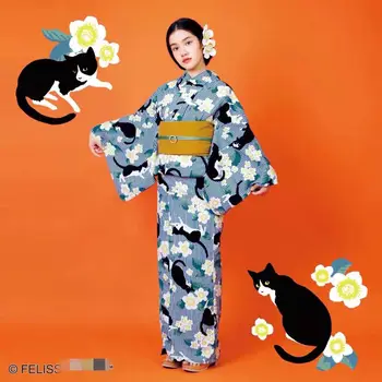 קימונו יפני עם אובי החתול דפוס שונה רחצה עבור בנות Cosplay בגדים צילום ללבוש הבמה השמלה 150cm-172cm