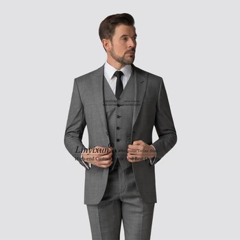 קלאסי אפור Mens חליפות עסקית רשמית בלייזר Slim Fit החתונה החתן טוקסידו אירועים 3 חתיכה להגדיר מעיל אפוד מכנסיים תחפושת Homme