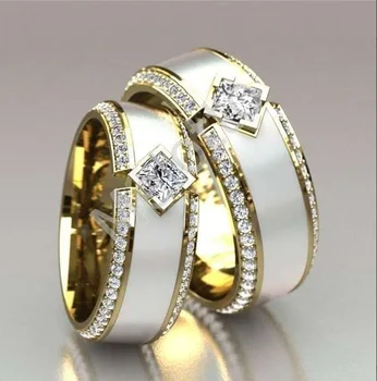 קלאסיקות צבע זהב הזוג טבעת אמייל לבן שיבוץ זירקון טבעת אירוסין תכשיטים מתנה ליום עבור גברים, נשים,