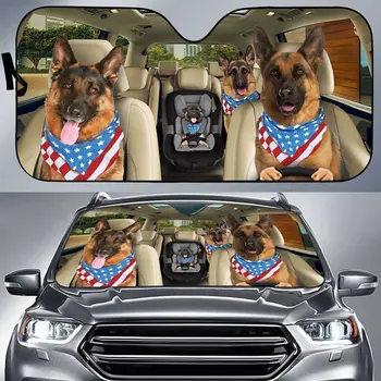 רועה גרמני המכונית שמש, צל, רועה גרמני ללבוש אמריקה צעיף דגל נהיגה ברכב אוטומטי שמשיה על השמשה הקדמית, אוהבי כלבים מתנה