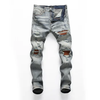 רחוב מעצב אופנה גברים ג 'ינס רטרו כחול למתוח את כפתורי המכנסיים חומים תוקנו סקיני ג' ינס קרועים גברים היפ הופ מכנסיים 8405