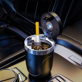רכב מאפרה עם אור LED אוניברסלי סגסוגת אפר מגש כוס אלומיניום ללא עשן אוטומטי מאפרה מעכב להבה מחזיק סיגריה בקופסה