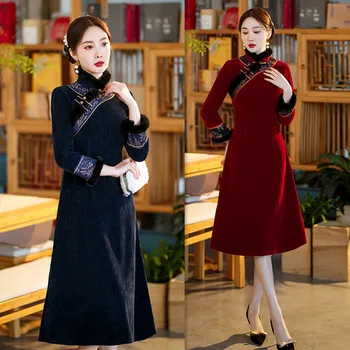 שאניל קטיפה צווארון פרווה קו ארוך שרוולים Cheongsam שמלת 2022 חורף אופנה חדשה משופרת סינית מסורתית שמלת ערב