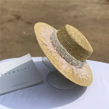 שוליים רחבים, כובע קש עור פרל קישוט העליון השטוח הקיץ כובע לנשים אופנה חוף כובע ג ' אז כובע פנמה קנטאקי דרבי הכובע