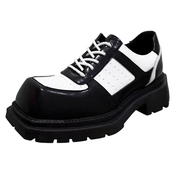 שחור לבן צלב קשור בוהן מרובע דרבי נעליים אופנתיות גובה הגדלת גברים נעלי רומן בסגנון בריטי גברים נעליים מזדמנים