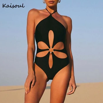 שחור לגזור אפסר אחד-חתיכת בגד ים עבור נשים סקסי שרוך Monokini בגדי ים 2023 החוף בגד ים Beachwear