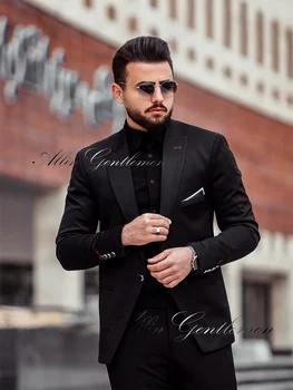 שחור עסקים חליפות גברים רשמי שמלת מסיבת איכות גבוהה תחפושת Homme תפורים 2 חלקים (ז ' קט+מכנסיים)