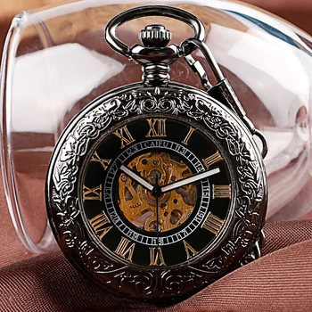 שחור קלאסי אוטומטי מכאני שעון כיס שקוף זכוכית לכסות את עצמי מתפתל שעונים בכיס תליון הרומית מספר חיוג השעון