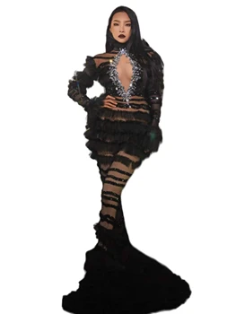 שחור רשת שמלה ארוכה נשים לראות דרך אלגנטית במועדון ערב יום ההולדת של מלכת הדראג תלבושות Clubparty להראות ביצועים