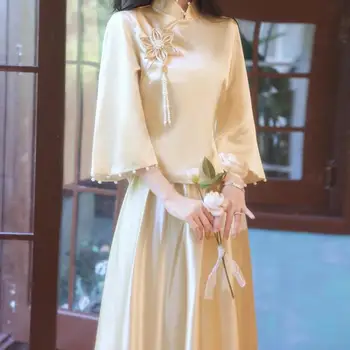 שמלת שושבינה החורף סיני Cheongsam שמלות כלה נשית שני חלקים חולצה&חצאית סטים שרוול ארוך פיות סאטן תחפושות