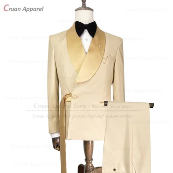 שמפניה חליפות לגברים Slim Fit החליפה את המכנסיים 2 חתיכות מותרות זהב הצעיף דש נשף החתונה טוקסידו אופנה רשמי Mens הלבשה