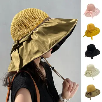שמש כובע רחב שוליים גדולים Bowknot קלוע Windproof רצועת החדרת הגנה מפני השמש לנשימה נשים קיץ אנטי-UV דייג