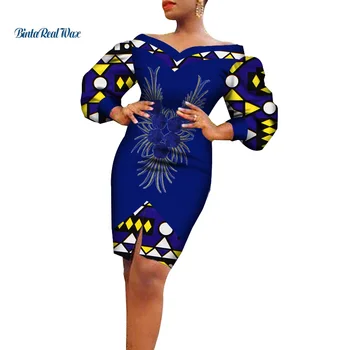 שרוול ארוך צוואר V אפריקה שמלות לנשים להדפיס באורך הברך שמלות Vestidos Bazin ריש אפריקה אנקרה שמלות ערב WY7461
