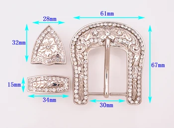 תכשיטים מכסף המערבי קאובוי ברודיאו 3PCS להגדיר פרחים מגולפים החלפת ריינסטון קריסטל אבזם החגורה מתאימה 30mm הרצועה.