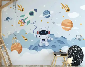 תמונה מותאמת אישית ציור קיר טפט 3d שטח אסטרונאוט קריקטורה הטיל חדר ילדים עיצוב הבית טפטים על הקיר בגלילים